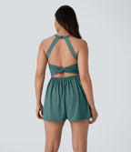Combishort de villégiature 2-en-1 à dos nu, design torsadé, poches latérales - Édition Easy Peasy
