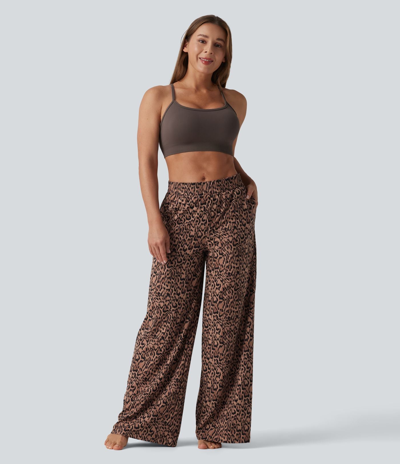Pantalon danse taille mi-haute imprimé léopard avec poches