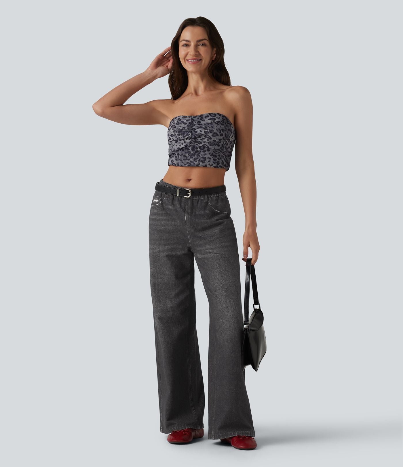 Jogging jean décontracté en molleton French Terry imprimé denim taille mi-haute avec poches