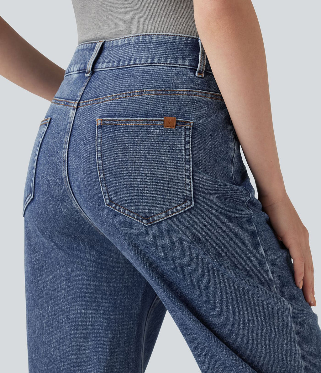 Halara Flex™ Jean droit extensible à taille haute avec bouton, fermeture éclair et poches multiples
