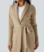 Cardigan long col tailleur ceinturé manches longues avec poches