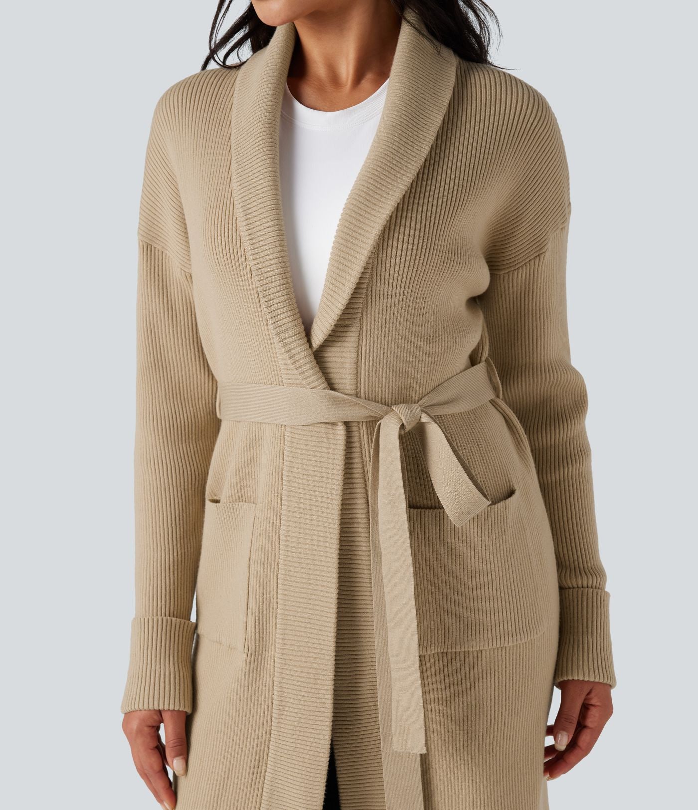 Cardigan long col tailleur ceinturé manches longues avec poches