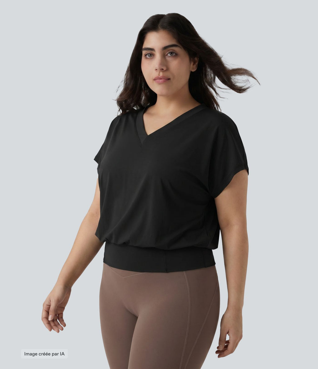 Haut de yoga grande taille oversize à col V, manches courtes, toucher frais et séchage rapide
