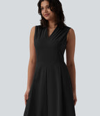 Robe mi-longue plissée col V sans manches avec fermeture éclair invisible et poches pour le travail