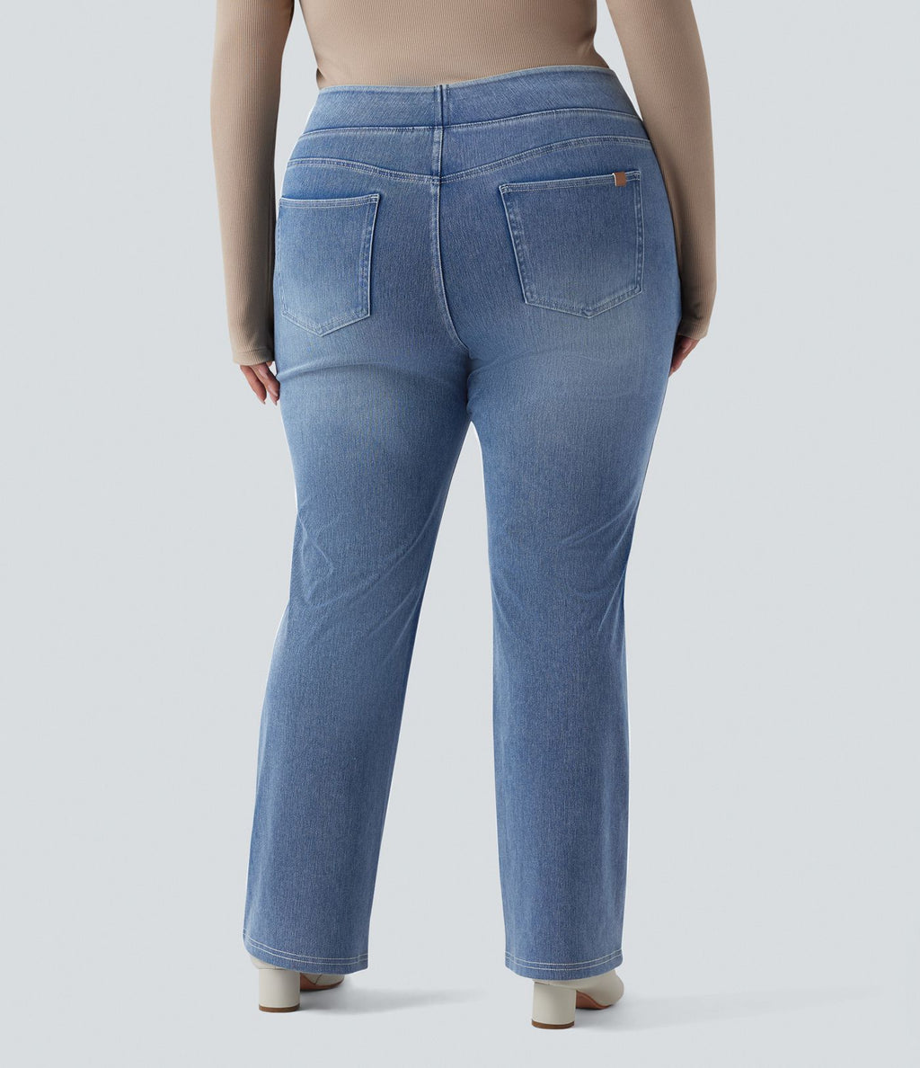 Jean décontracté Halara Flex™ grande taille bootcut taille haute en maille extensible délavée avec multiples poches
