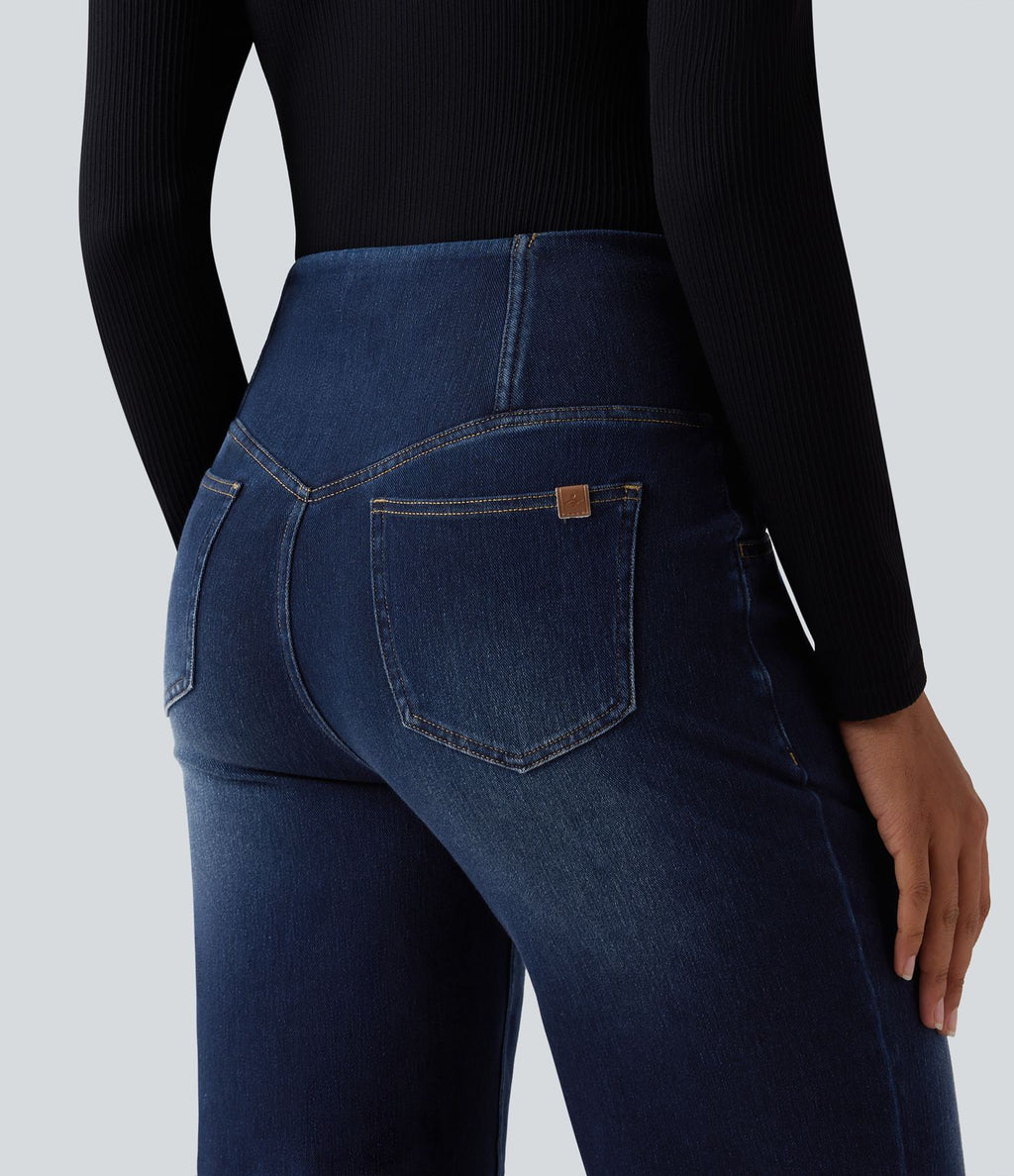 Jean droit décontracté croisé gainant taille haute avec poches Halara Flex™