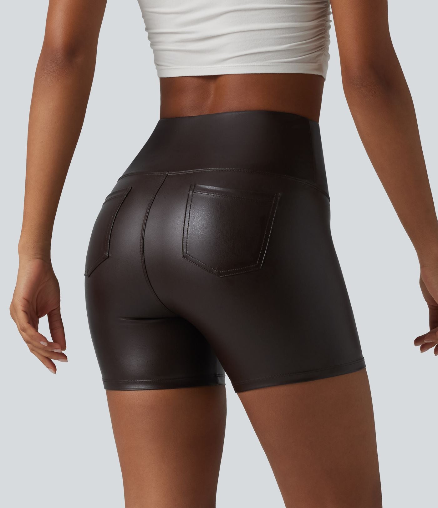 Short de cycliste casual en PU stretch gainant taille haute 12,5 cm avec poches