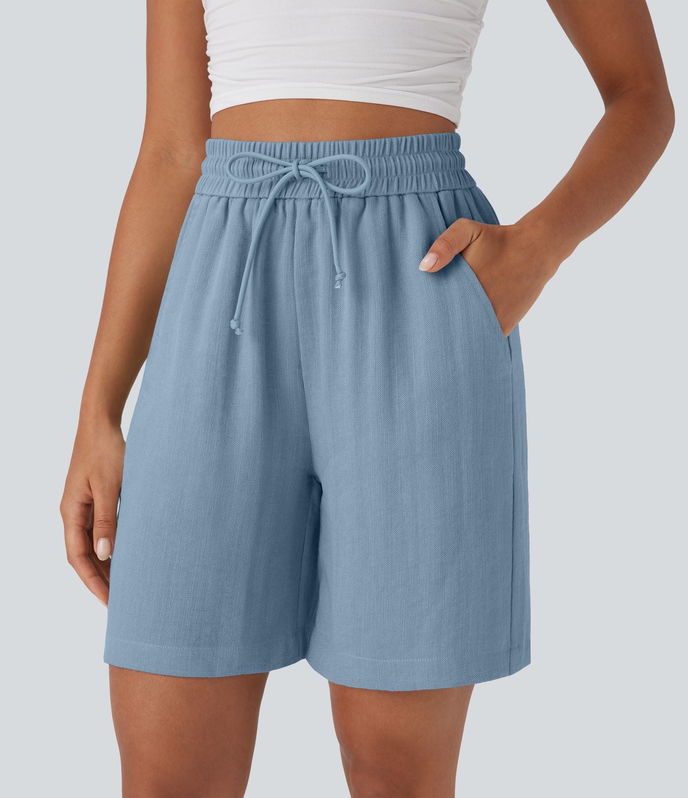 Short décontracté effet lin taille haute avec cordon de serrage et poches latérales