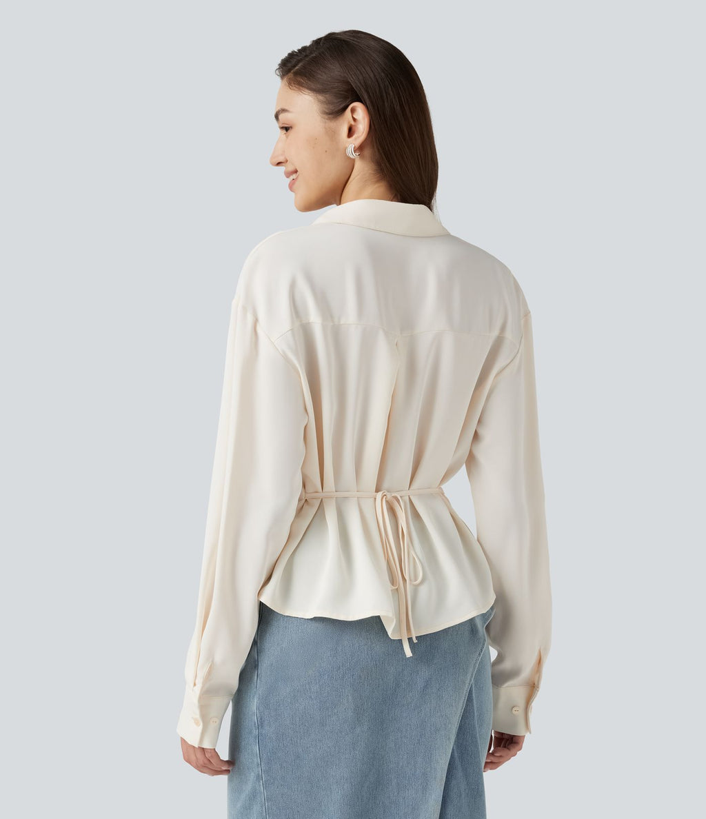 Chemise esprit bureau défroissage facile, col V, dentelle contrastée, manches longues, lien au dos et détail torsadé