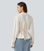 Chemise esprit bureau défroissage facile, col V, dentelle contrastée, manches longues, lien au dos et détail torsadé