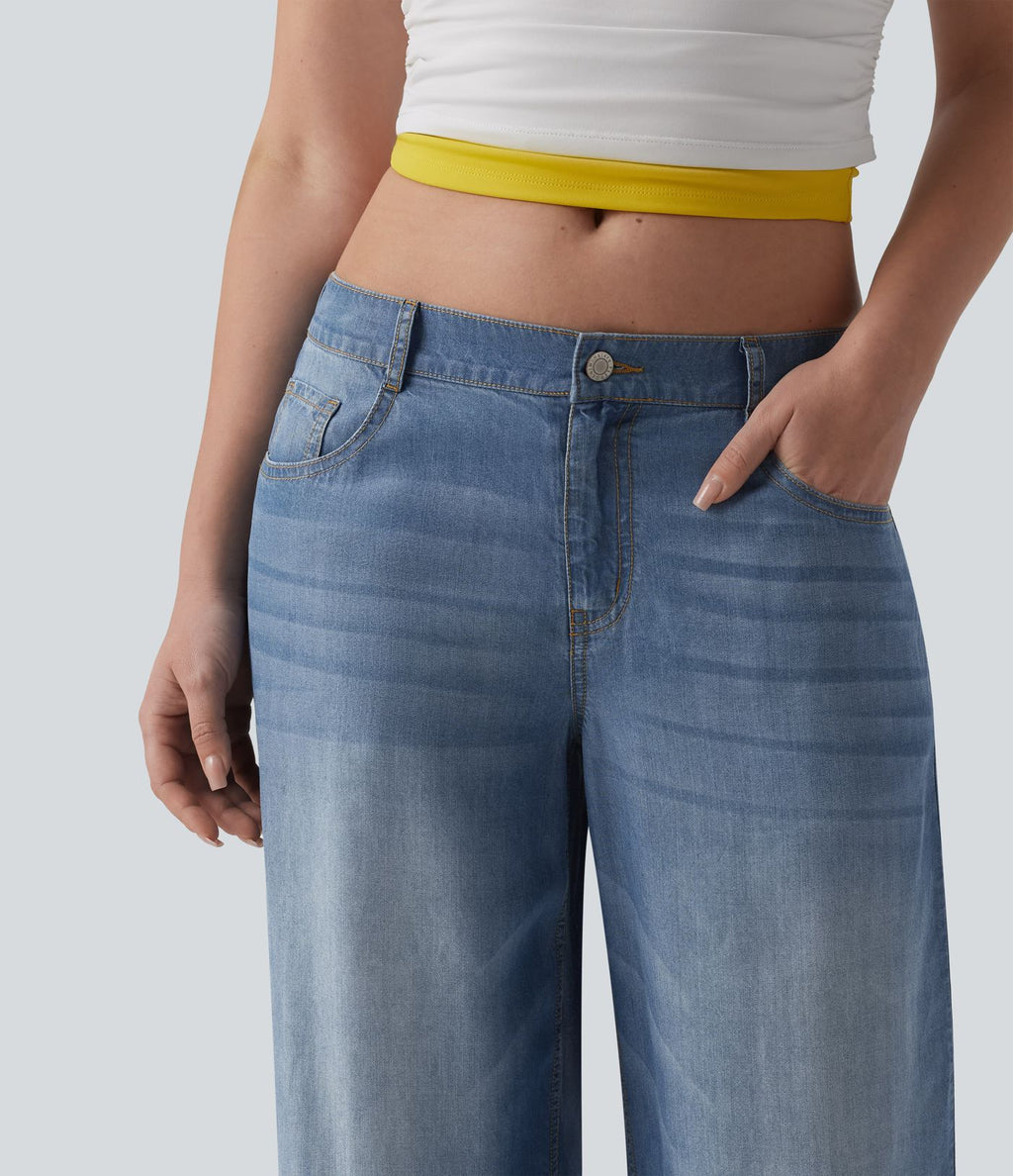Jean large décontracté taille basse en lyocell drapé avec poches