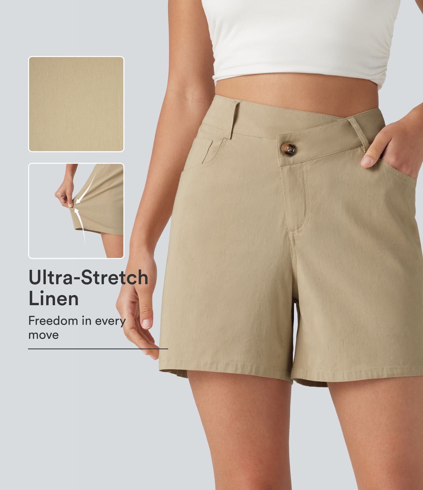 Short taille haute croisé décontracté en lin stretch 12,5 cm avec poches