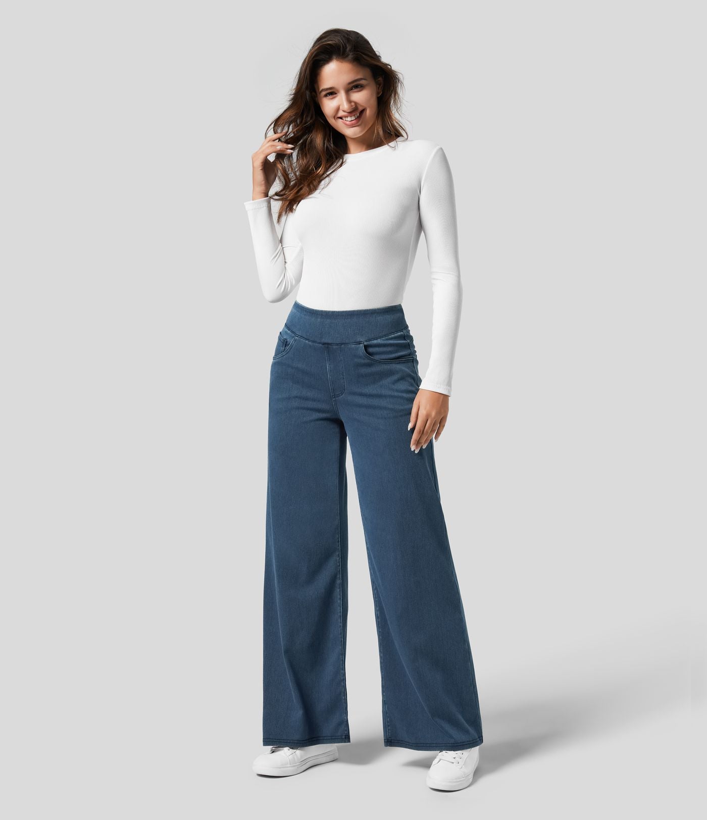 Halara Flex™ Jean Large Travail à Taille Haute Poches Multiples et Tricot Extensible