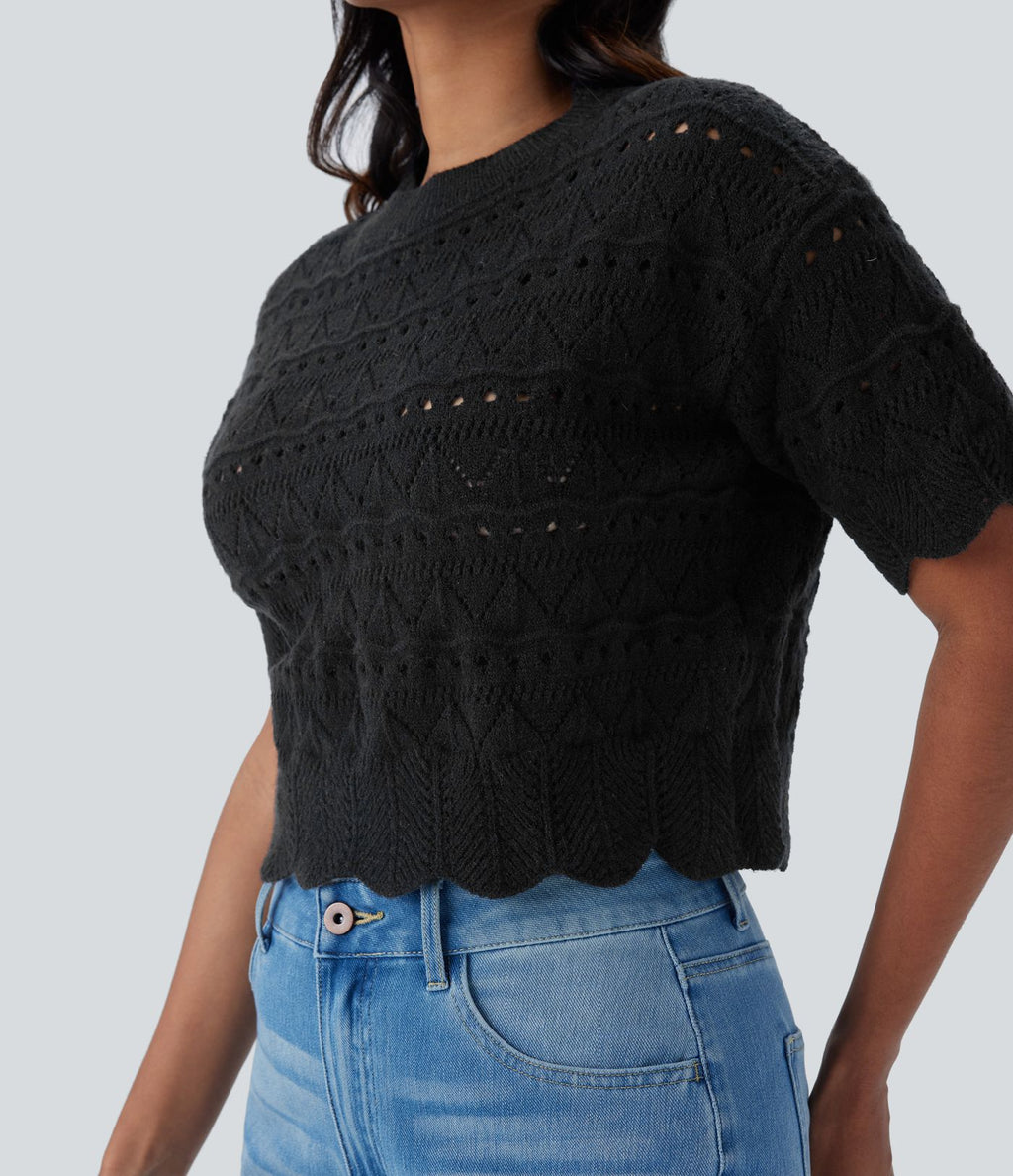 Pull décontracté en maille ajourée à col rond, manches courtes et bordure festonnée