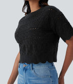 Pull décontracté en maille ajourée à col rond, manches courtes et bordure festonnée