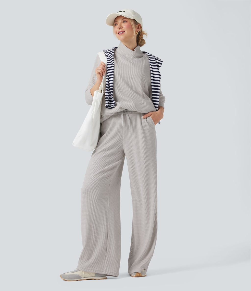 Sweat décontracté oversize col montant manches longues maille gaufrée à trous pouces avec poches