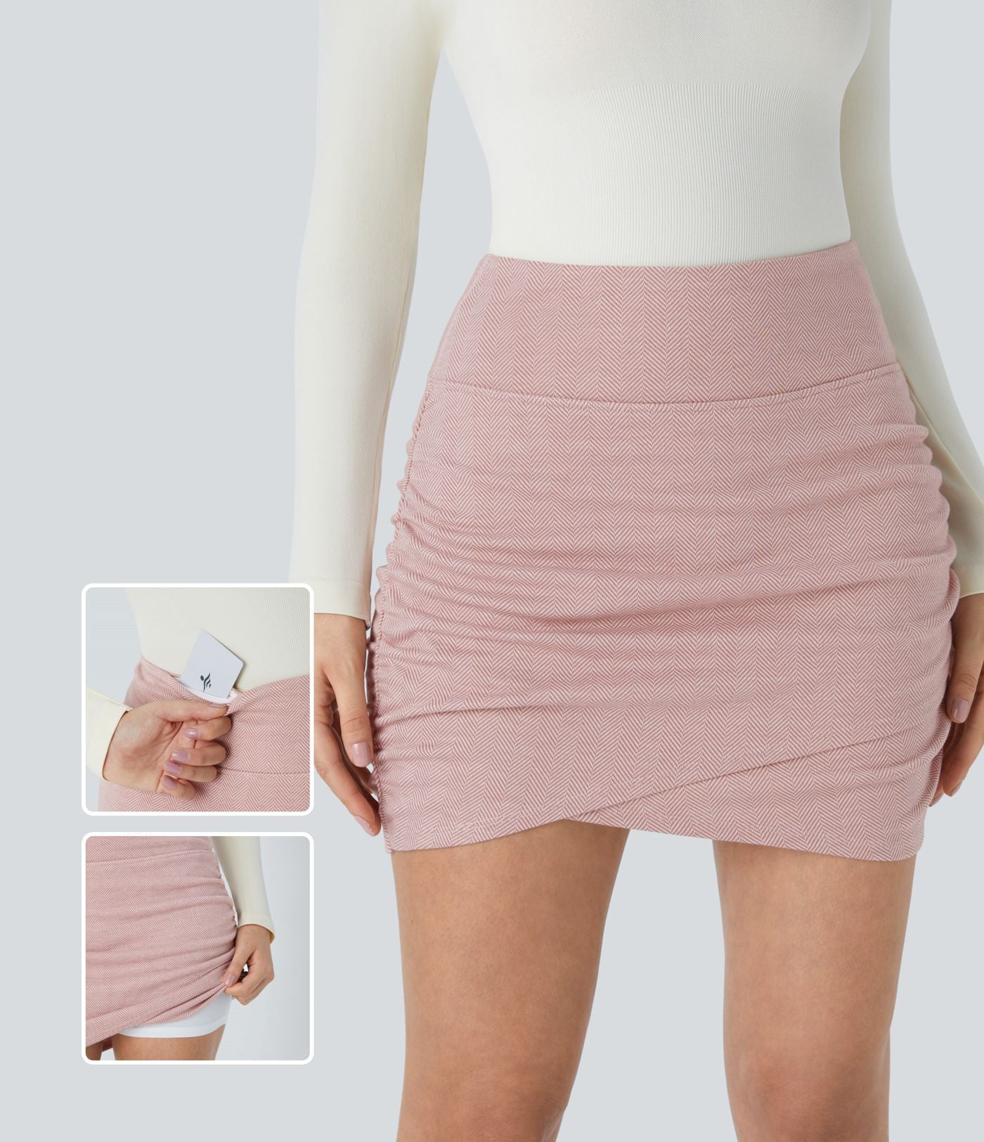 Mini-jupe décontractée 2-en-1 moulante à chevrons taille haute avec poche arrière et fronces