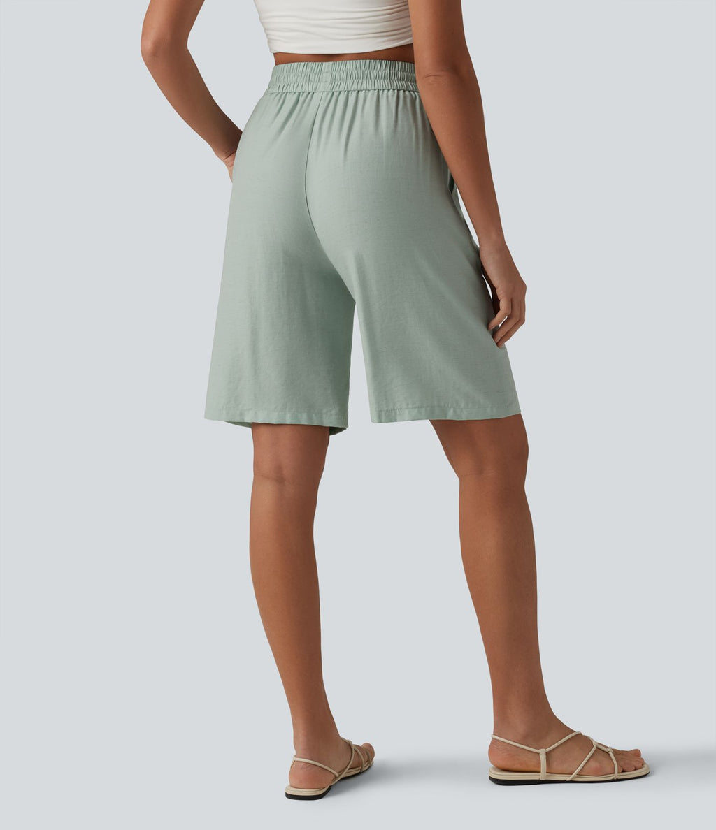 Short décontracté taille haute en lin mélangé avec cordon de serrage et poches, 25 cm