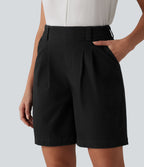 Short tailleur chino ample en coton plissé taille haute 17,5 cm avec poches