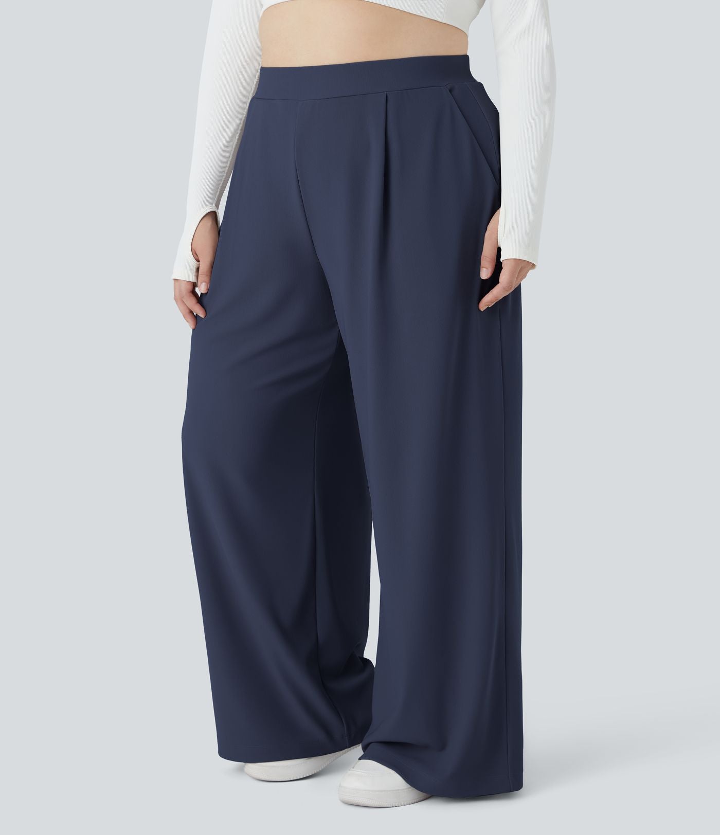 Pantalon de travail grande taille Halara Flex™ à taille haute sculptante et amincissante, poches latérales, jambes larges et tissu micro-gaufré