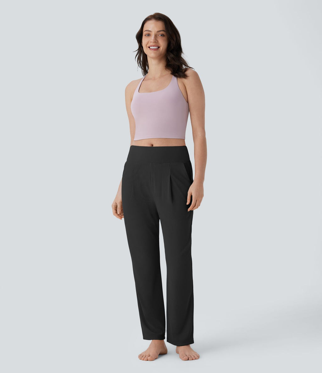 Pantalon de yoga droit en maille gaufrée, taille mi-haute, avec poche