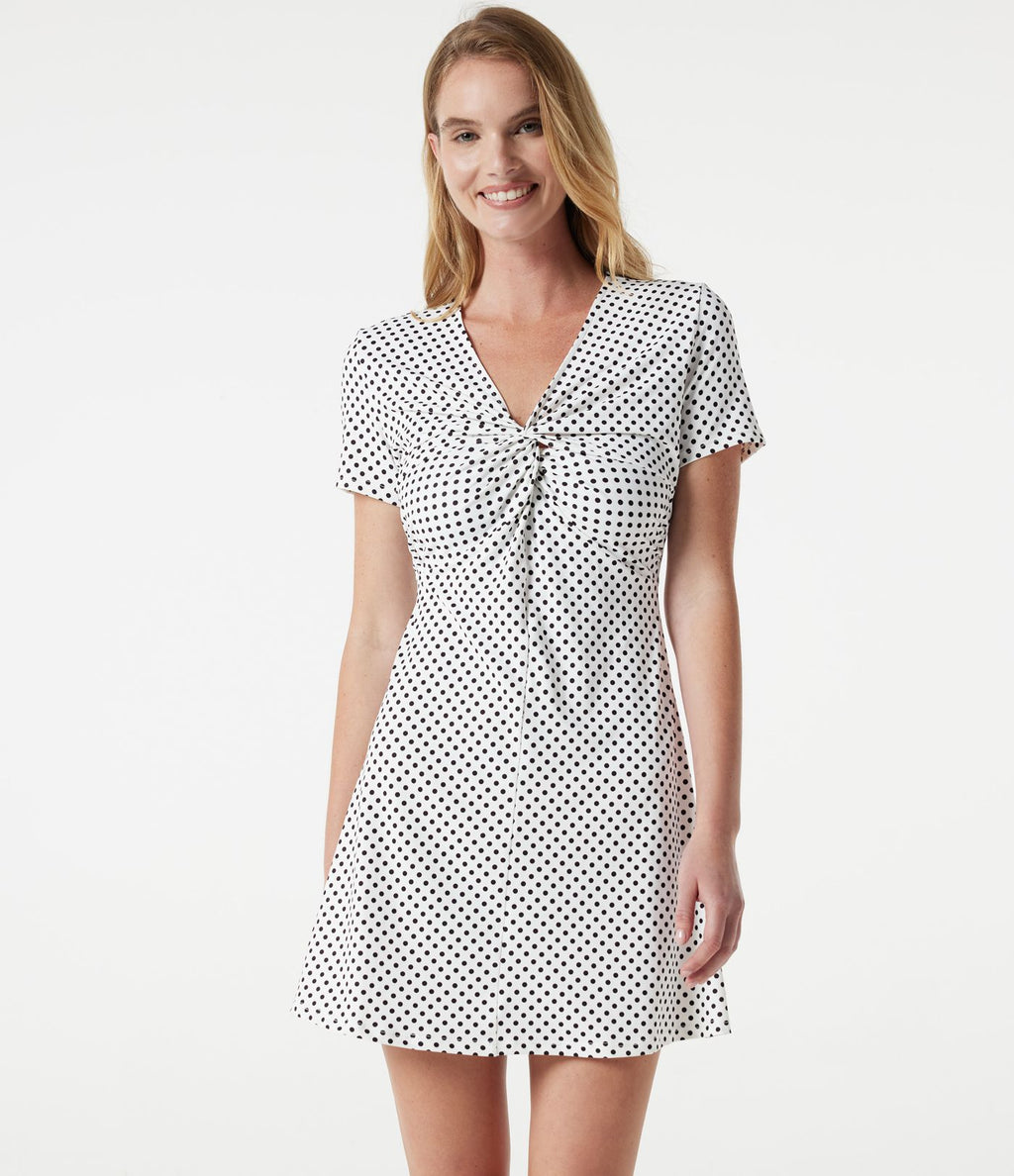 Robe mini décontractée à pois, col V, manches courtes