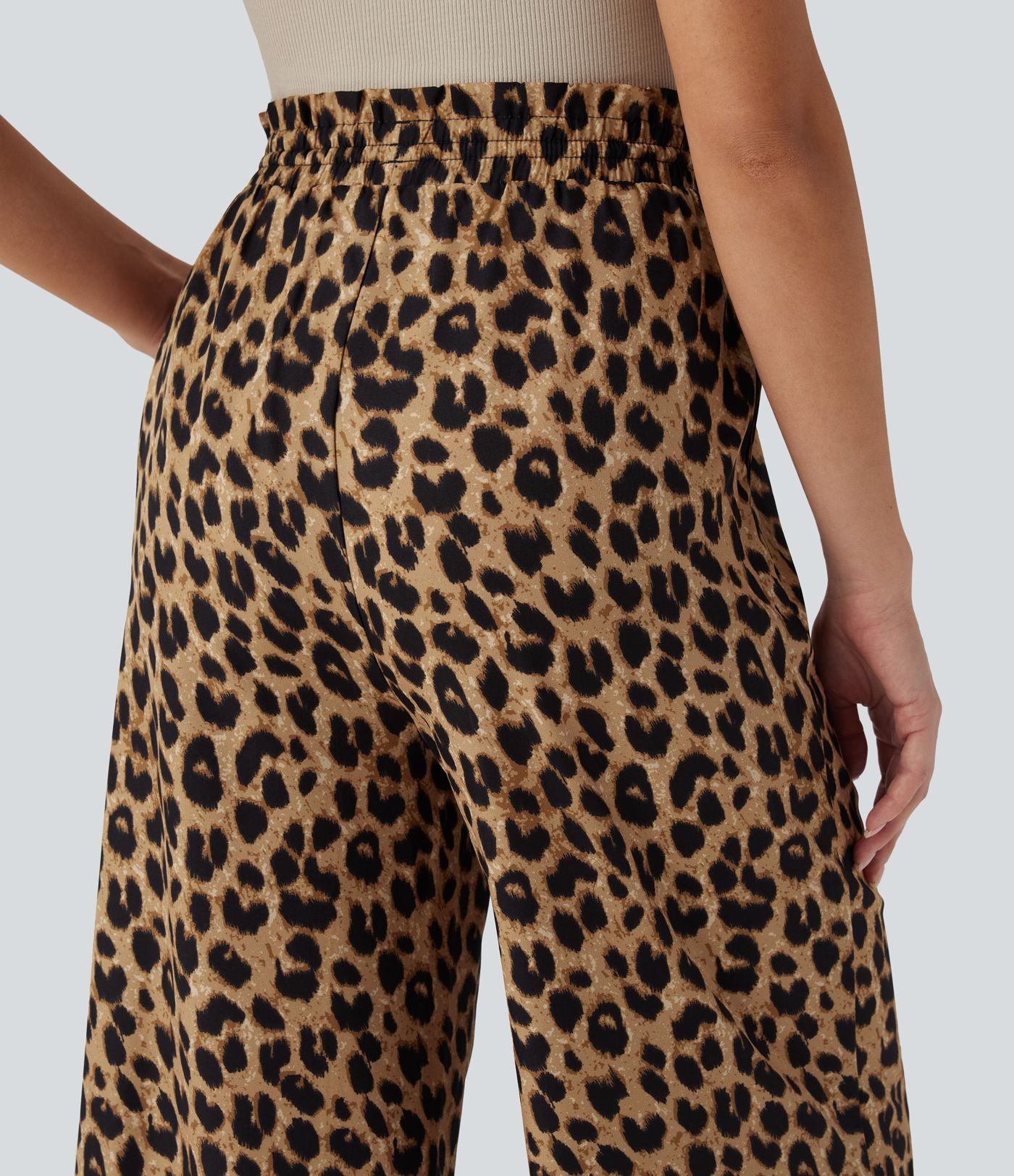 Pantalon corsaire décontracté taille haute jambes larges à imprimé léopard avec cordon de serrage et poches latérales