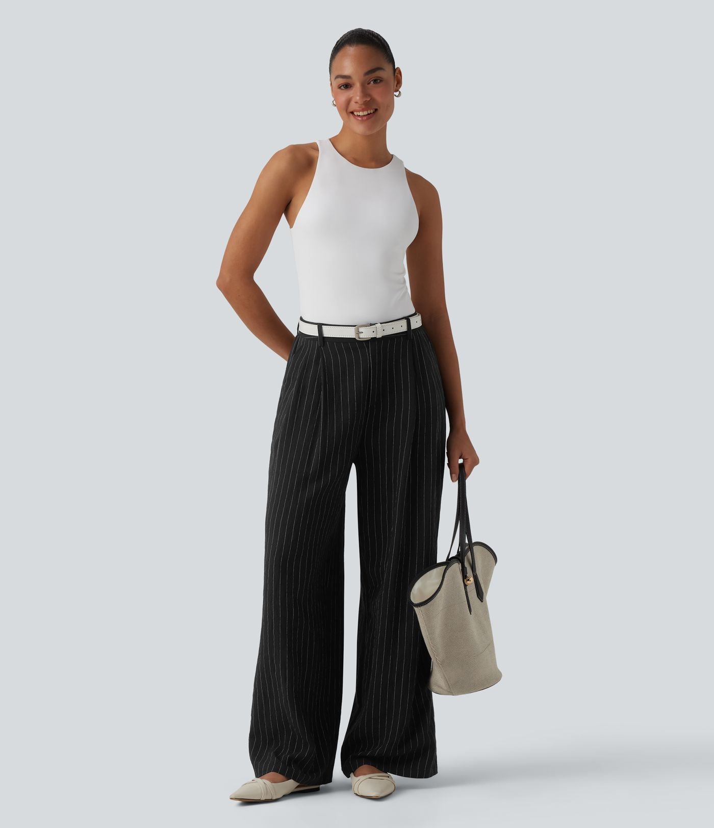 Pantalon bureau taille haute rayé, coupe ample avec poches