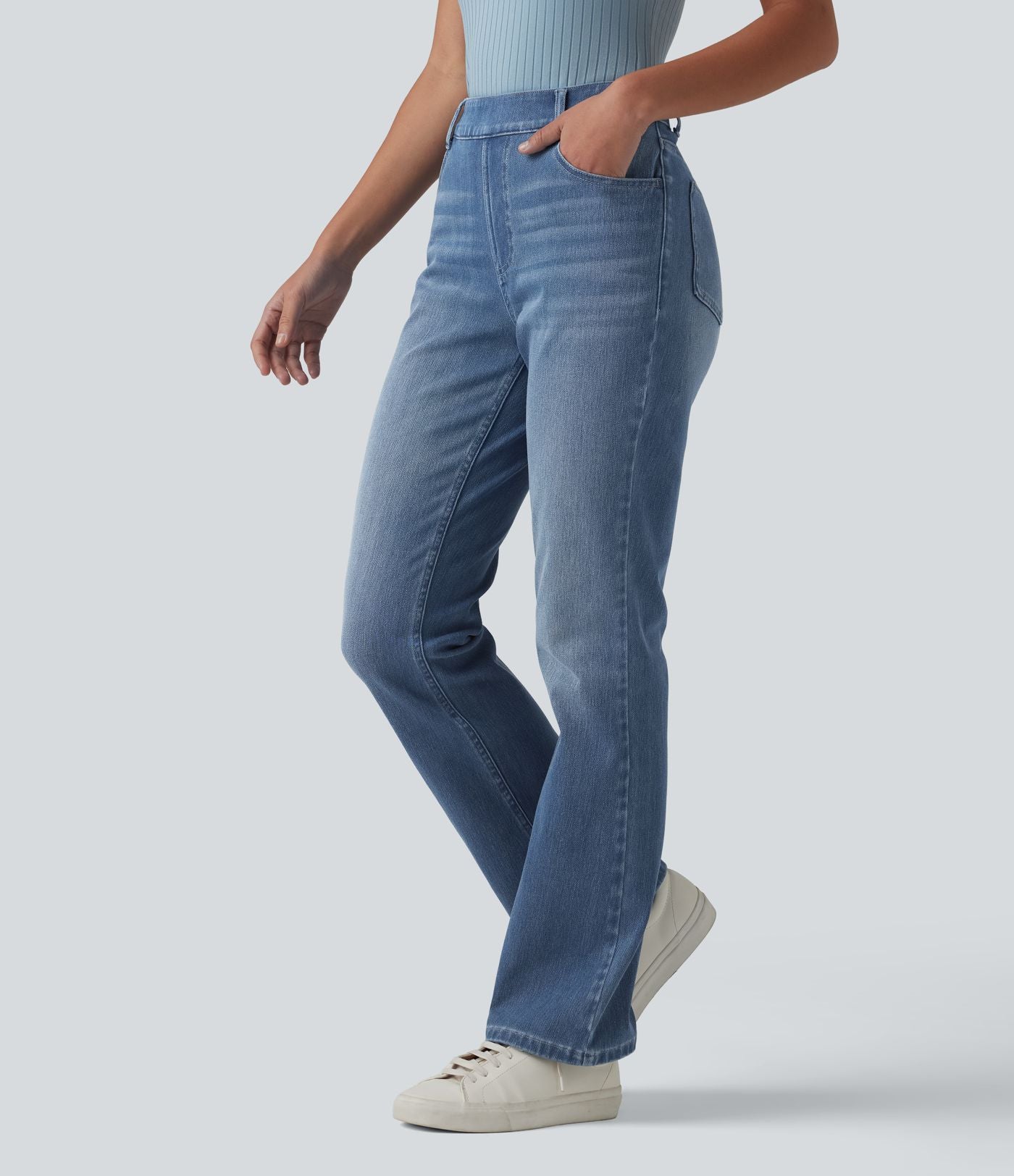 Halara Flex™ Jeans bootcut Casual Taille Haute Multiples Poches Lavés Élastiques et Tricotés Coupe
