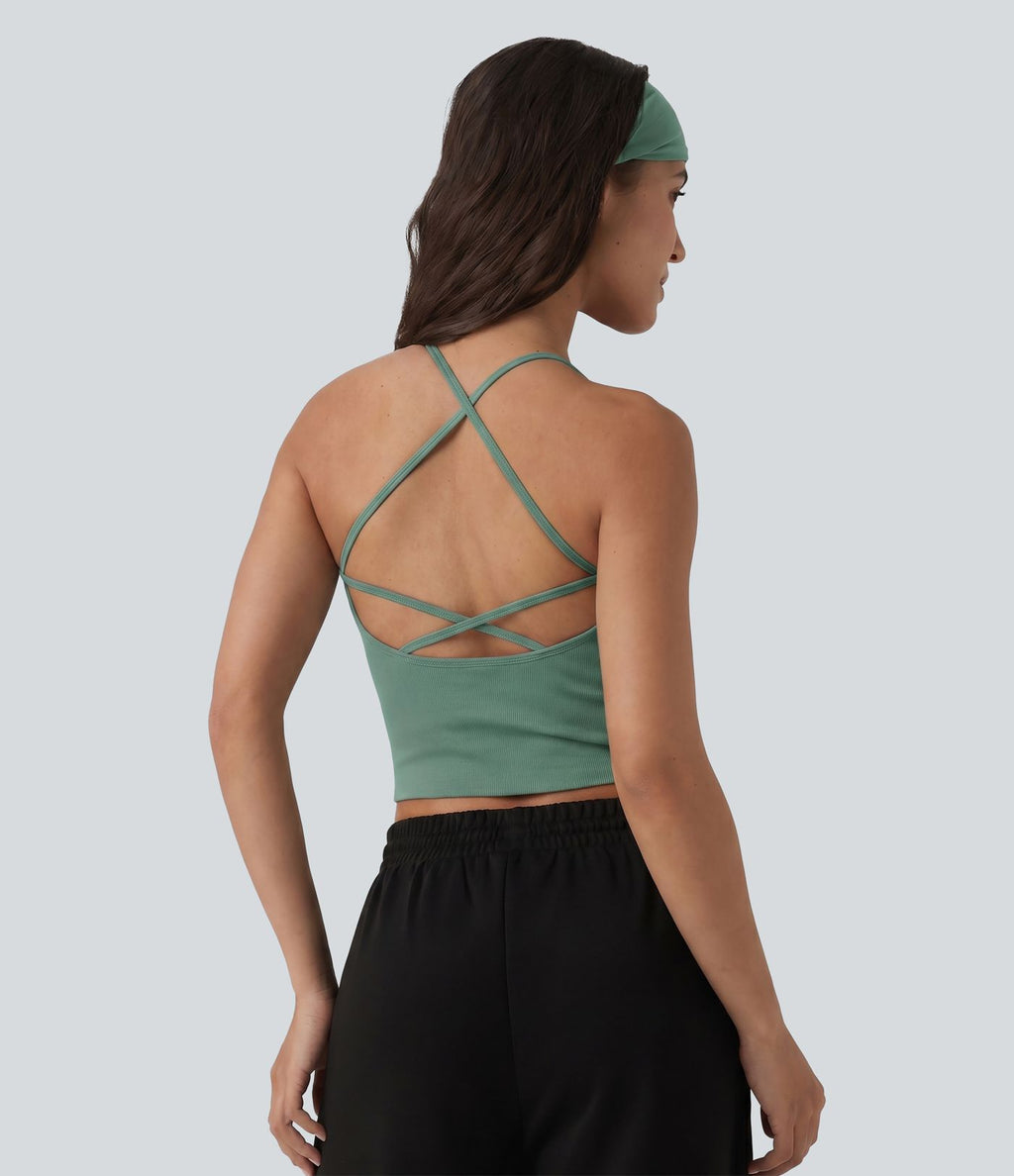 OneForm Seamless Flow Débardeur de yoga crop dos nu croisé décolleté en V profond avec soutien-gorge intégré