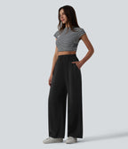 Pantalon casual large fluide mélange lin taille haute avec cordon de serrage et poches