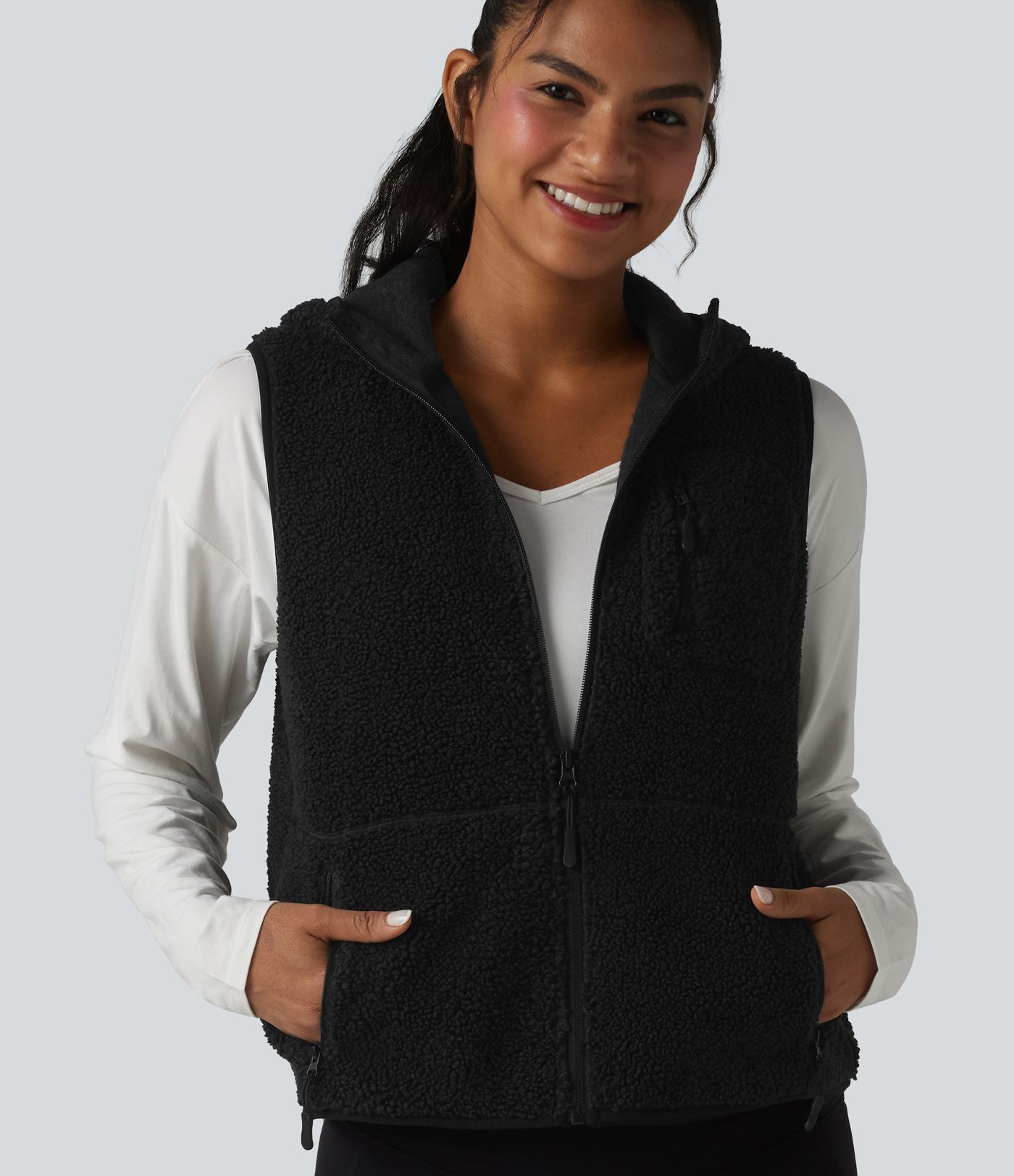 Gilet de sport sherpa à capuche avec poches