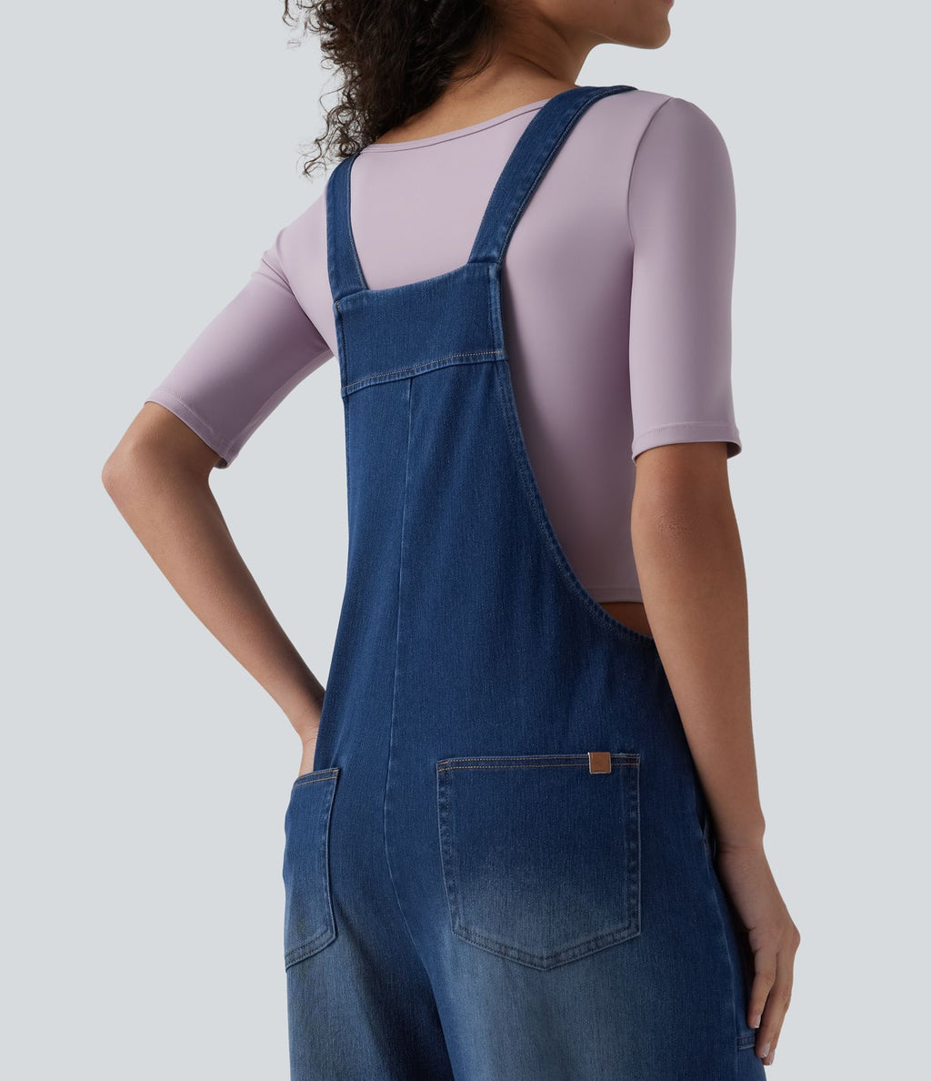 Salopette denim Halara Flex™ col carré effet délavé avec poches