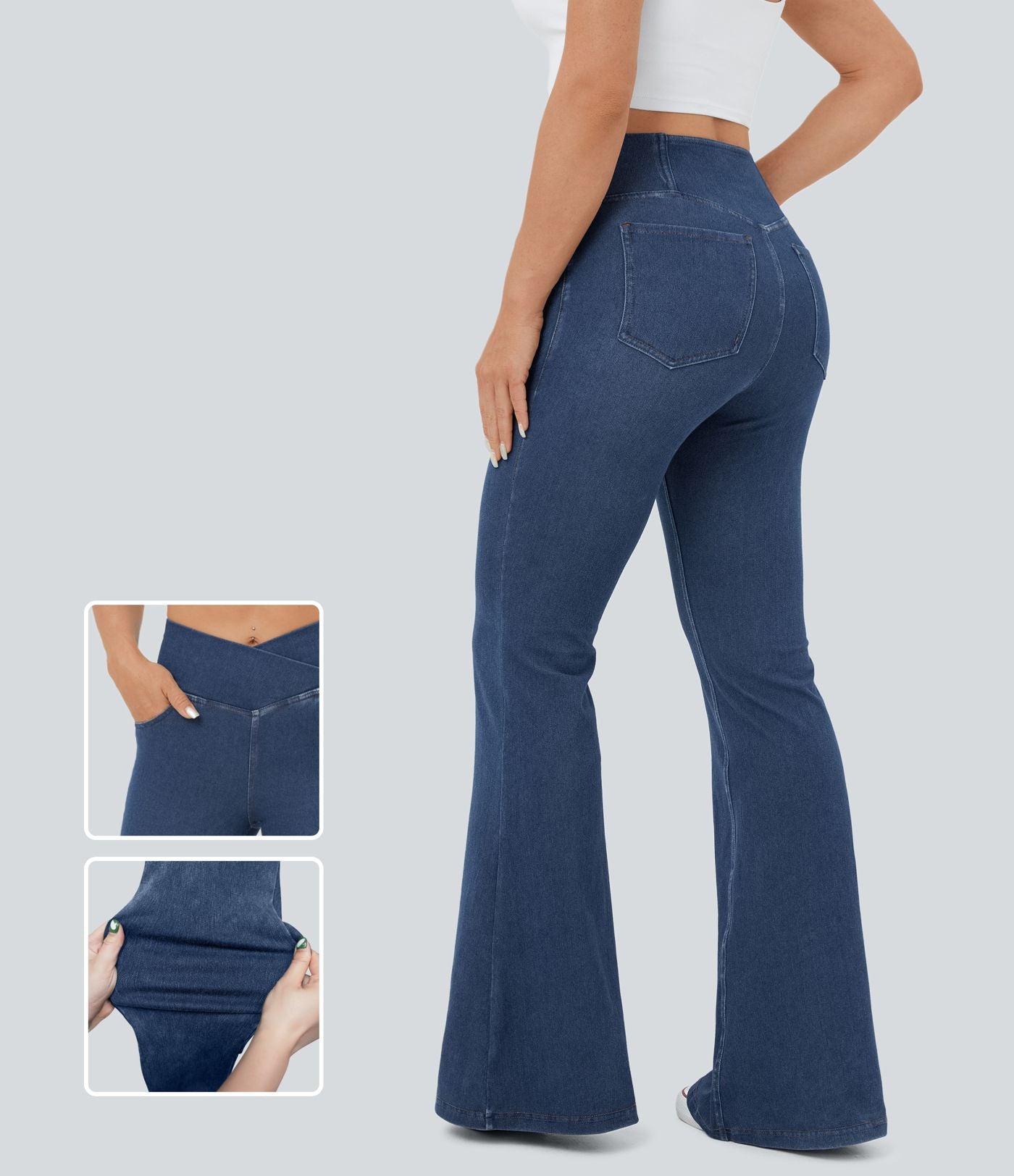 Jean super évasé Halara Flex™ décontracté maille denim extensible délavée effet frais InstantCool taille haute poches croisées