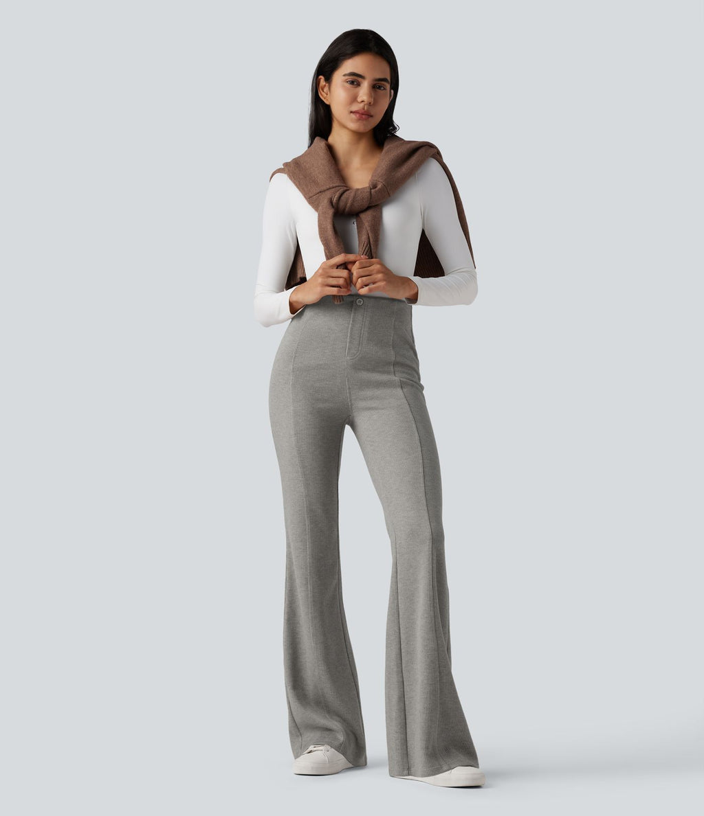 Pantalon  taille haute décontracté évasé côtelé gainant