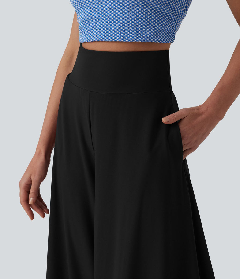 Pantalon ample gainant taille haute à ourlet volants avec poches