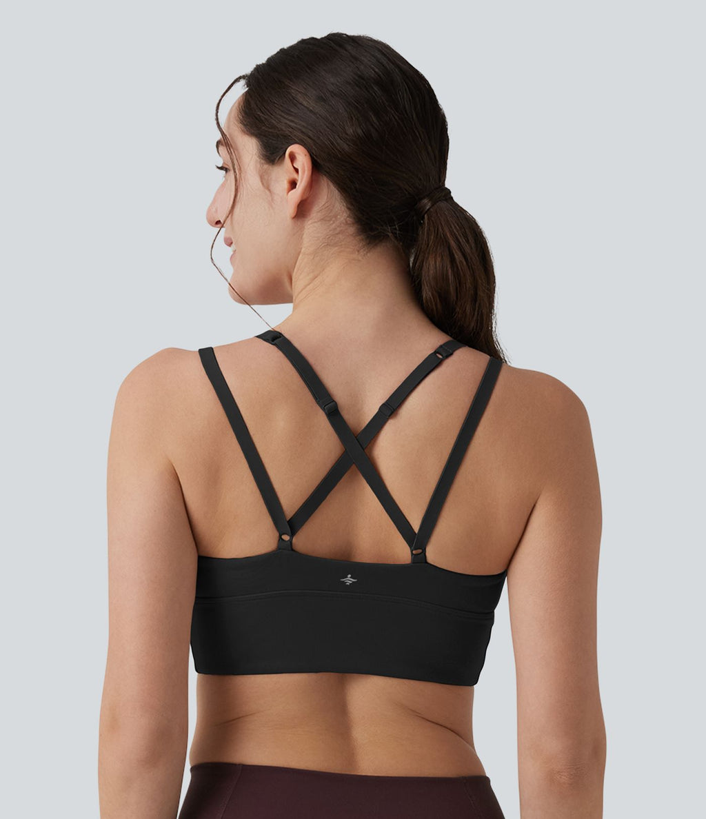 Brassière de sport yoga maintien léger dos croisé ouvert bretelles réglables froncée avec brassière intégrée, à effet frais InstantCool et séchage rapide, protection solaire UPF50+