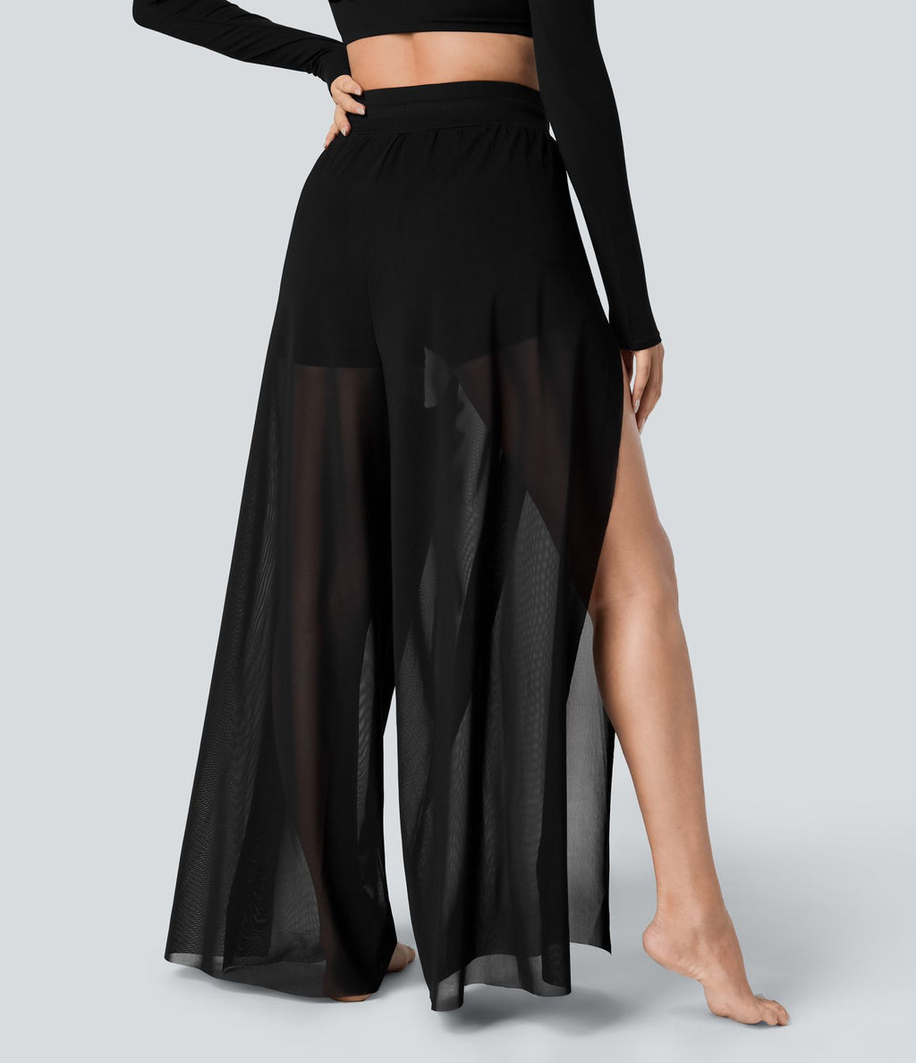 Pantalon Yoga 2 en 1 à Taille Haute avec Cordon de Serrage Maille Contrastée Fendu Poche Latérale et Jambes Amples et Fluides