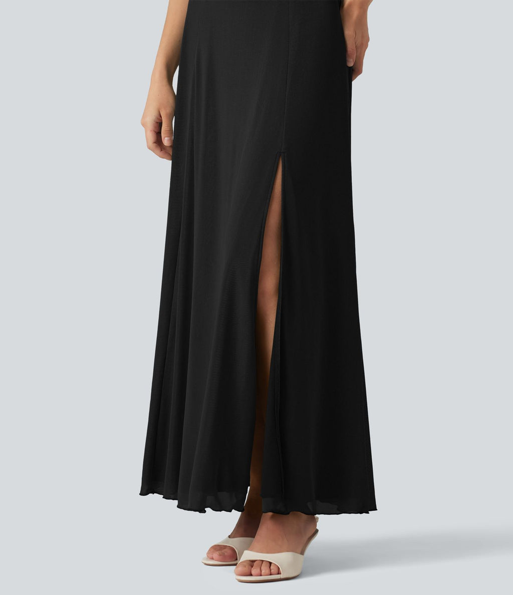 Robe maxi fluide col carré manches courtes soutien-gorge intégré dos noué