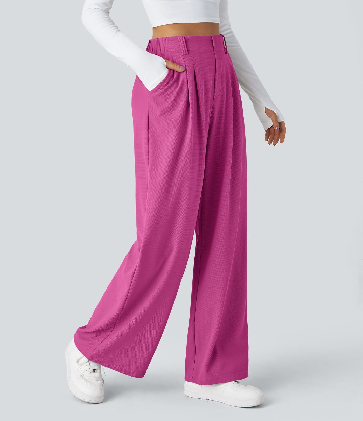 Pantalon Tailleur Large Fluide Halara Flex™ Gaufré Taille Haute Poches Latérales