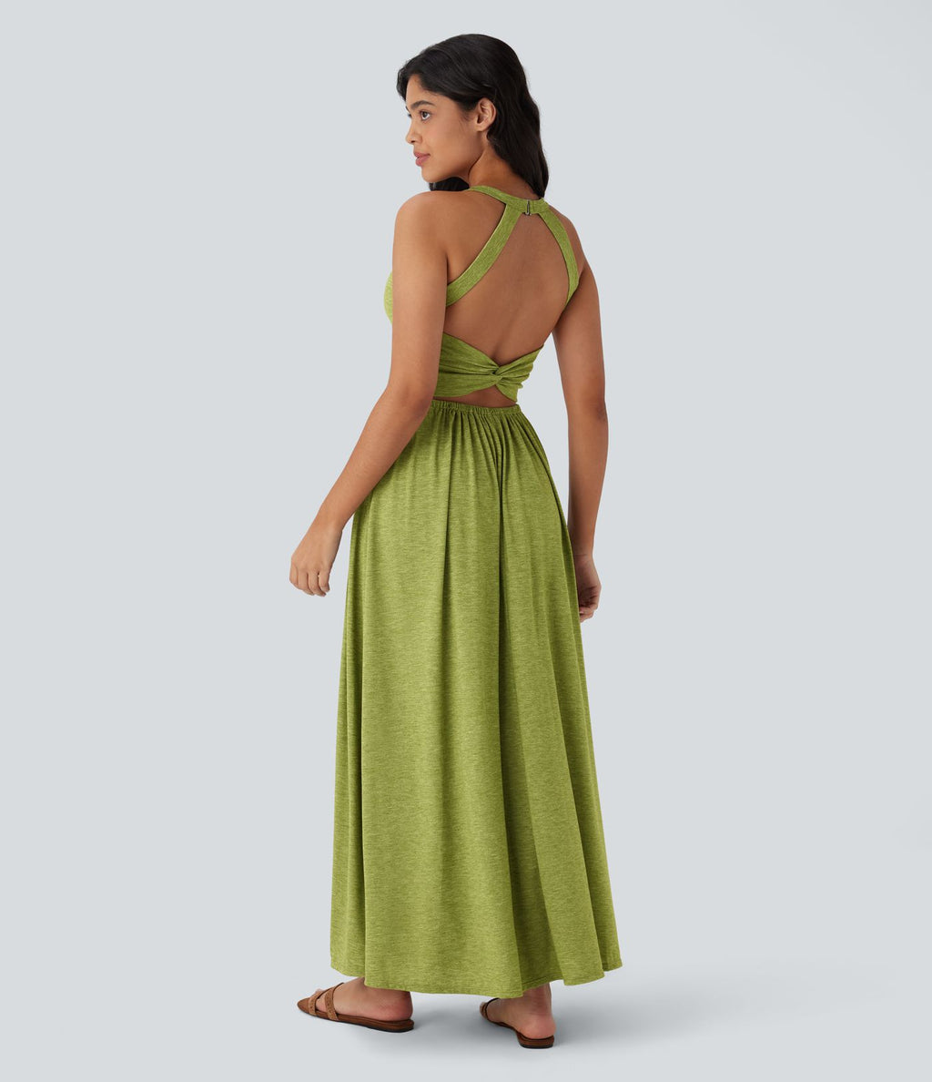 Robe longue fluide fendue avec poches latérales, dos nu et effet torsadé