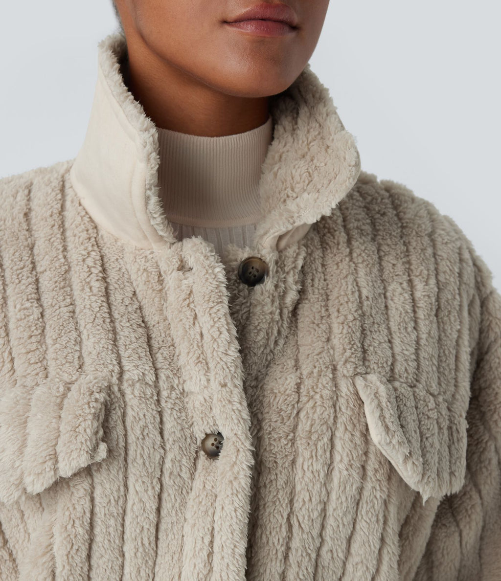 Veste décontractée en sherpa à col, boutons et manches longues
