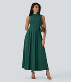 Robe longue décontractée sans manches à col montant, coupe évasée et poches latérales