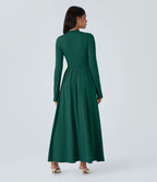 Robe longue décontractée à col montant, manches longues, plissée, avec poches latérales et coupe évasée