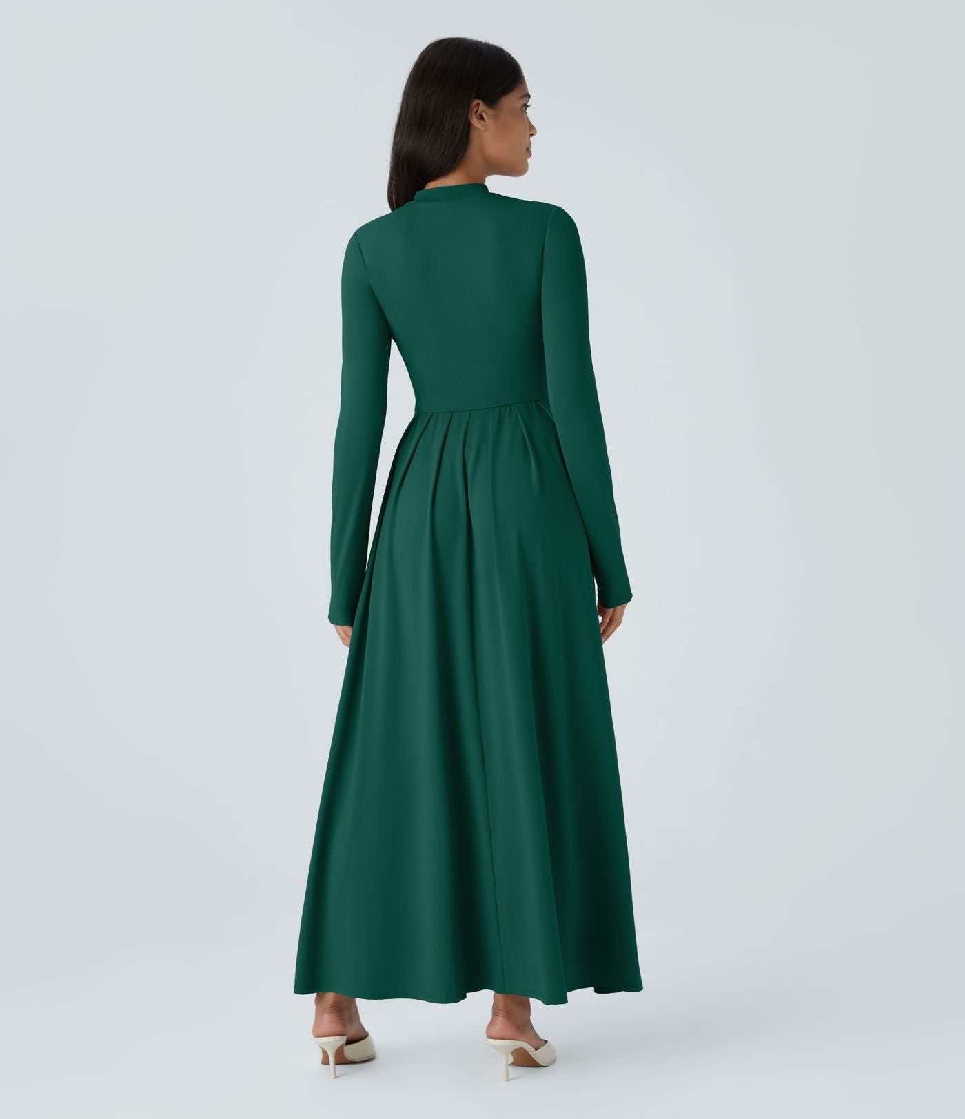 Robe longue décontractée à col montant, manches longues, plissée, avec poches latérales et coupe évasée