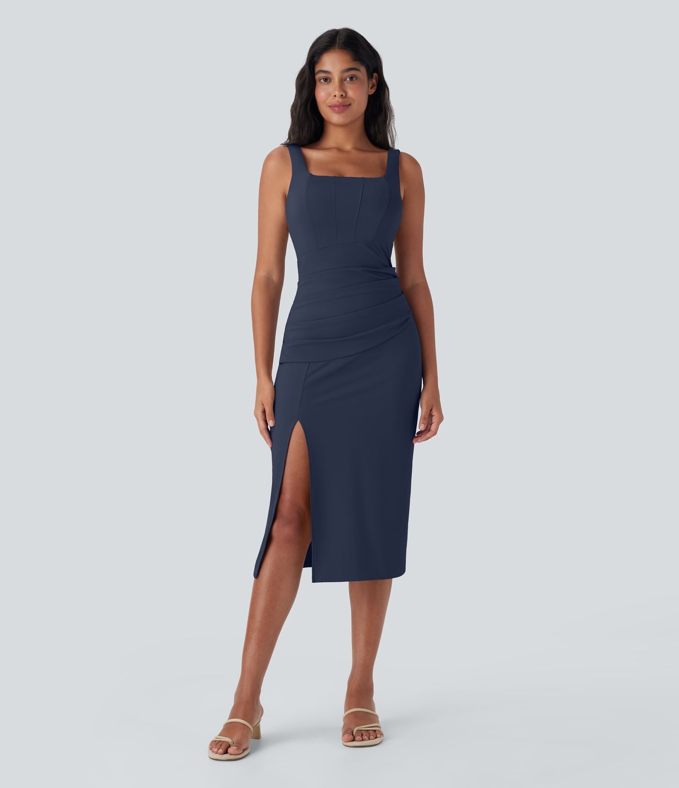 Robe moulante mi-longue SoftlyZero™ Airy col carré corset froncée effet frais InstantCool, bonnets E-G