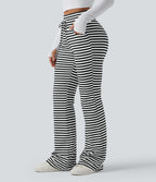 Pantalon évasé décontracté taille haute gainant à rayures en tissu gaufré avec cordon de serrage et poches
