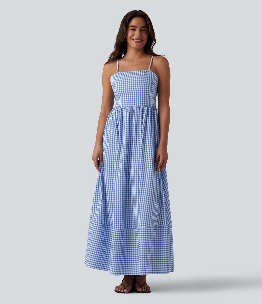 Robe longue fluide décontractée à bretelles motif vichy avec fermeture éclair invisible et poches