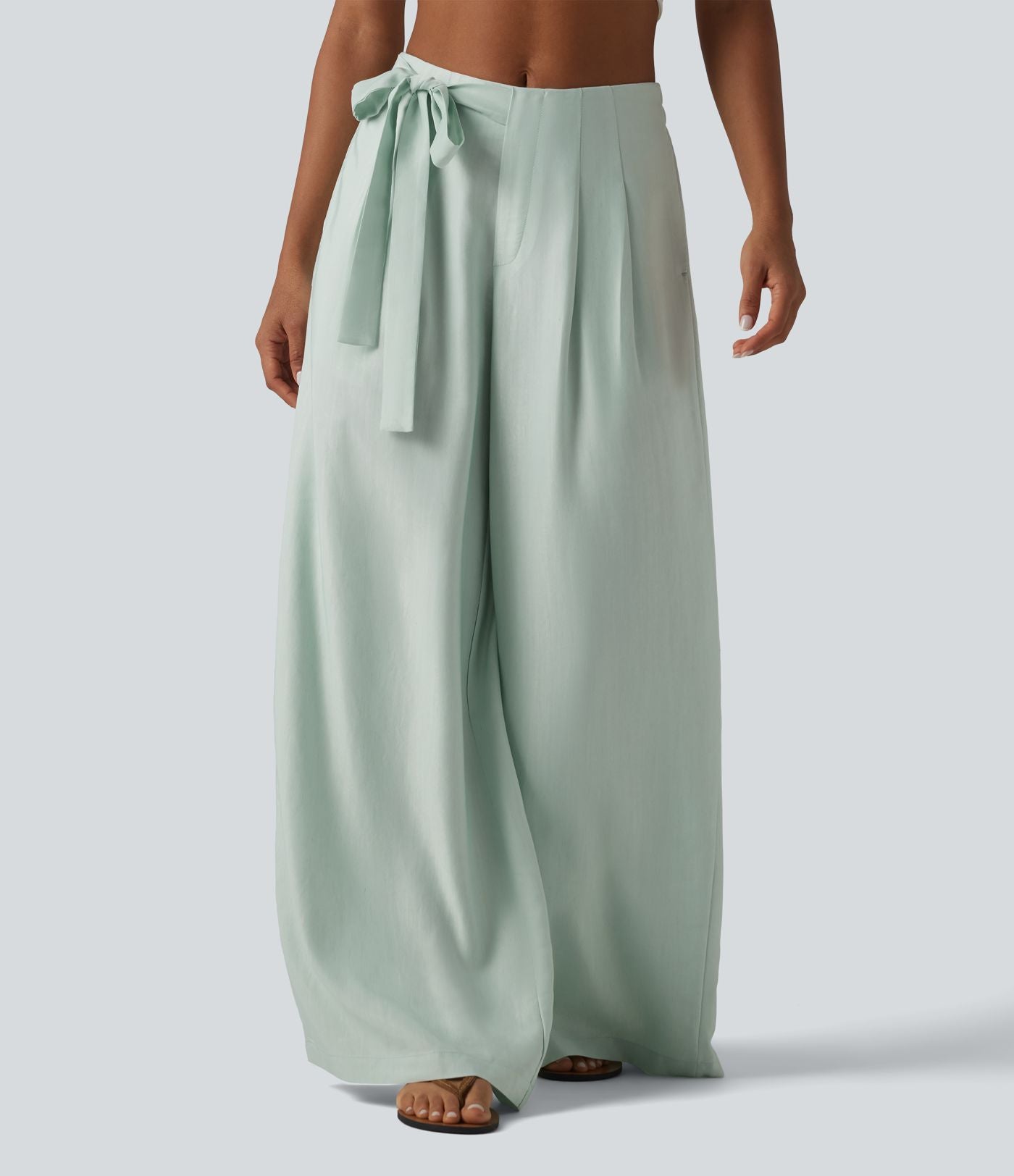 Pantalon large fluide taille haute en lin mélangé avec poches et liens latéraux