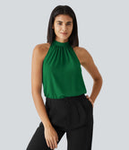 Blouse Travail Sans Manches Ourlet Courbé Col Haut Découpe au Dos Plis